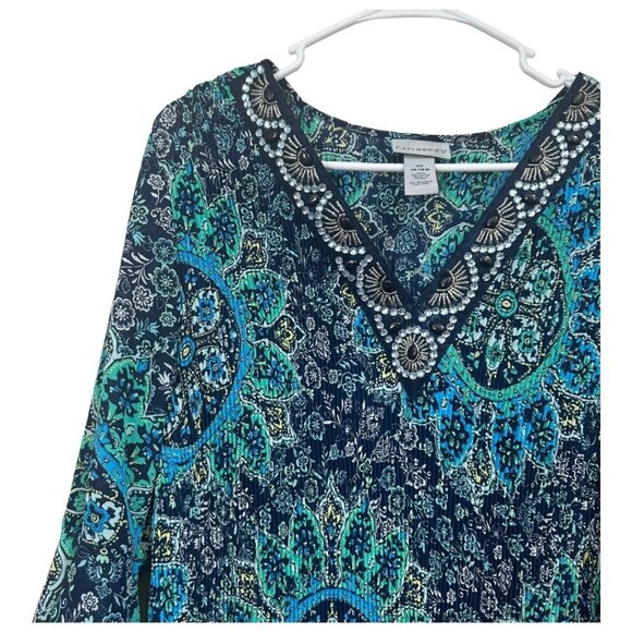 CATHERINES Women SZ 0X(14/16W) Accordion Pleat Tunic Top Bell Sleeve Embellished - Picture 7 of 12